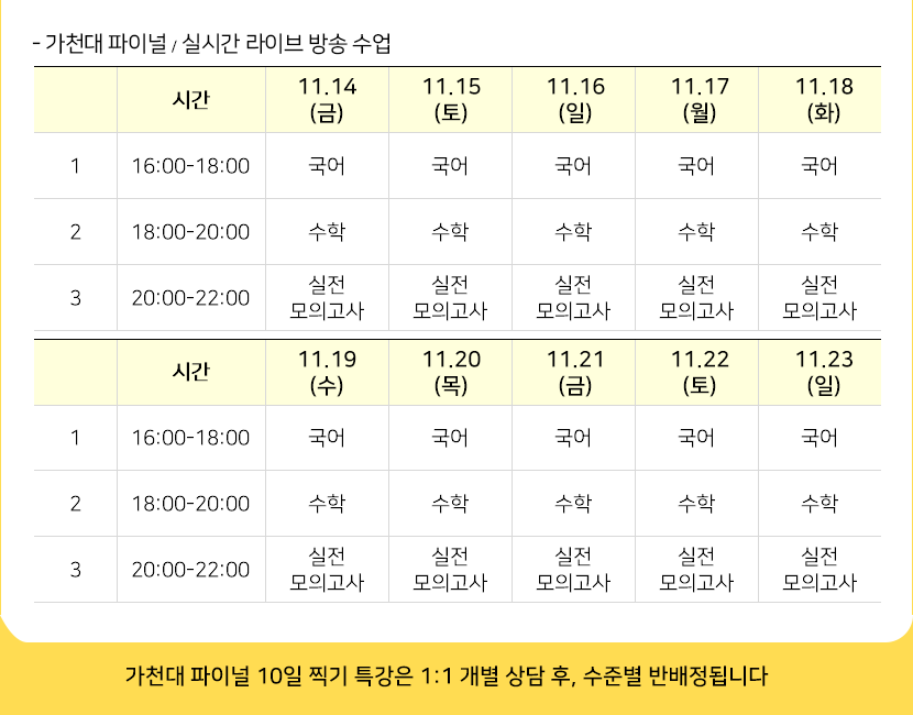 수능후, 가천대 파이널특강 라이브 시간표